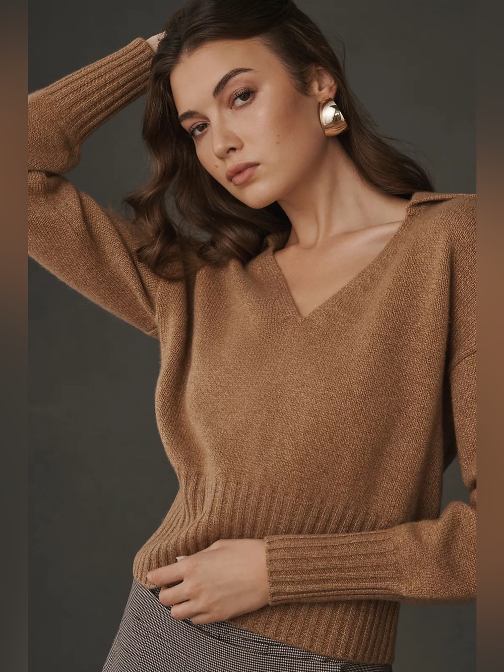 Reformation Beckie Cashmere Collared Sweater, Camel, size small